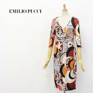 イタリア製◆EMILIO PUCCI/エミリオ プッチ シルク100％ プッチ柄 七分袖 カシュクール風 ワンピース 40