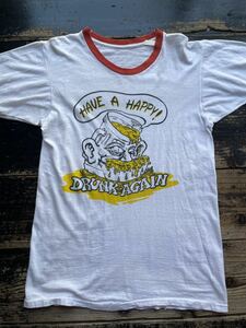 70s 1970s 1970年代 ビール ジョッキ モンスター リンガーTシャツ ビンテージ 染み込み アメカジ 古着 レトロ トリム 