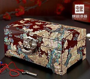 螺鈿漆器 螺鈿細工 ジュエリーボックス 二層宝石箱 花間のカササギ 木製 手作り 鏡付き ピアス ネックレス 指輪置き