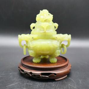 ◇中国美術 龍｜ひすい 翡翠 香炉 三脚 香爐｜本体の重量約0.41kg 翡翠玉石｜彫刻細工 土台付き アンティーク 中国古美術 骨董■O9559