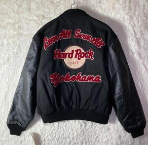 【アパレル】☆極美品☆ ハードロックカフェ スタジャン 牛革 レザ－ 袖 YOKOHAMA 横浜 L 大きいサイズ Hard Rock Cafe 黒 ブラック 古着