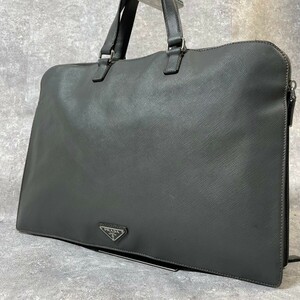 1円●プラダ PRADA ブリーフケース ビジネスバッグ ハンドバッグ 三角ロゴ サフィアーノレザー メンズ プレート グレー 本革 白タグ