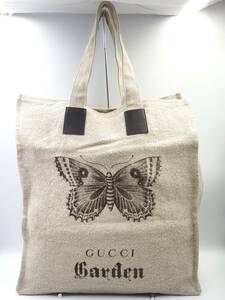 ◎GUCCI/グッチ/Garden/ガーデン トートバッグ/ショルダー/肩掛け/鞄/バタフライ/蝶々/リネン×レザー/麻/ベージュ/限定品/美品