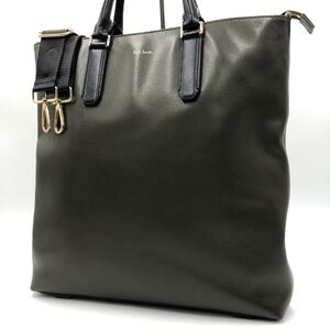 1円【希少/極美品】Paul Smith ポールスミス 2way トートバッグ A4 斜め掛け ハンド メンズ ビジネス ロゴ レザー 本革 カーキ ブラック