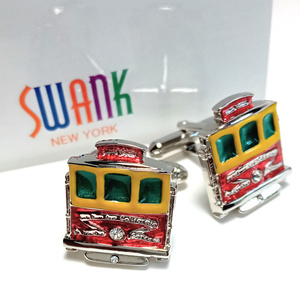 【swc71】SWANK　スワンク　カフス　カフリンクス　シルバー　レッド×イエロー×グリーン　TRAM /路面電車　日本製　スワロフスキー