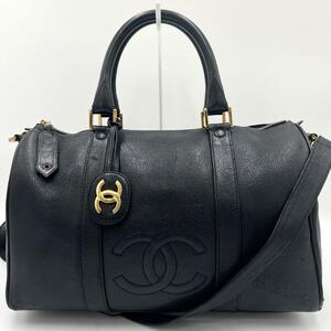 1円【希少】シャネル CHANEL ハンドバッグ ショルダーバッグ ボストンバッグ ココマーク 2way キャビアスキン チャーム ゴールド ブラック