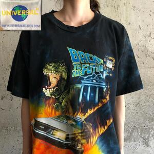 XZ144 バック・トゥ・ザ・フューチャー 総柄 タイダイ Tシャツ 映画 古着 ビンテージ M サイズ ユニバーサルスタジオ タグ ブラック 色