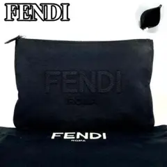 FENDI フェンディ　キャンバス　クラッチバッグ　刺繍ロゴ　ブラック　保存袋付