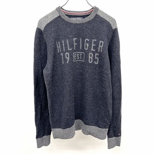 トミーヒルフィガー TOMMY HILFIGER ニット セーター 長袖 英字 フリーダムスリーブ 羊毛×綿 L メランジ ネイビー 紺×グレー レディース