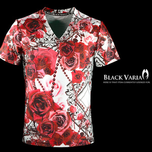 9#bv09-re BLACK VARIA バラ花柄 ボールチェーン プレミアム Vネック 半袖Tシャツ メンズ(レッド赤) LL 日本製 吸水速乾＆2wayストレッチ