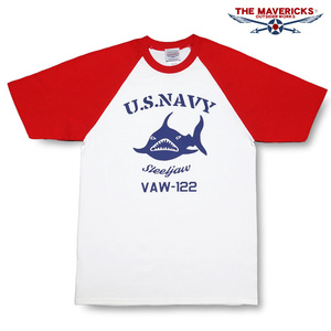 ラグラン Tシャツ S メンズ 半袖 アメカジ MAVERICKS ブランド ミリタリー NAVY 米海軍 SteelJaw ジョーズ ホワイト レッド