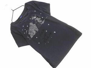 ネコポスOK MICHEL KLEIN ミッシェルクラン プリント ビーズ ラインストーン Tシャツ size34/黒 ■◆ ☆ eec7 レディース