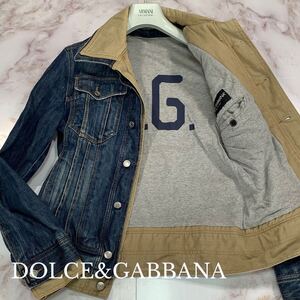 Lサイズ相当●DOLCE＆GABBANA ドルチェ＆ガッバーナ ドッキング レイヤード デニムジャケット 48 裏地ロゴ ビンテージ加工 インディゴ 春夏