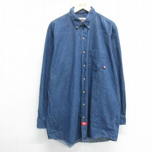 XL/古着 ディッキーズ Dickies 長袖 ブランド シャツ メンズ ロング丈 大きいサイズ コットン ボタンダウン 紺 ネイビー デニム 24jun06 中