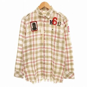 未使用品 ディーゼル DIESEL タグ付き チェックシャツ 裾カットオフ ワッペン 長袖 S 白 ホワイト ベージュ /FF 1113 ■SM3 メンズ