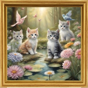 木漏れ日　猫　花　鳥　池　イラスト　絵　絵画　インテリア　子猫 ＡＩ Ｌ版サイズプリント ハンドメイド