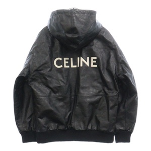 CELINE セリーヌ 21AW バックロゴ オーバーサイズ カーフスキン レザーフーディ ジャケット ブラック/カーキ 2E9761950