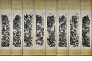 【瓏】「黄賓虹作 山水図八條屏」近代画家 肉筆紙本 真作 掛け軸 書画立軸 巻き物 中国書画 古美術 蔵出