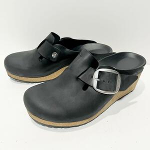 新品 ビルケンシュトック BIRKENSTOCK FANNY ファニー ビックバックル ナチュラルレザー サンダル ヒール サボ ウッドソール39 24.5cm相当