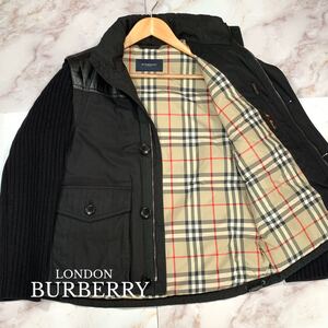 4way●BURBERRY LONDON バーバリー レザー切替 脱着 ニットダウン ジャケット ブルゾン ベスト アウター 秋冬 裏地ノバチェック 本革 羊革