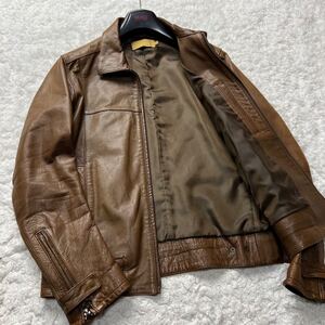 【美品/最高級ライン】Calvin Klein CK39 カルバンクライン ライダースジャケット 山羊革 ゴードスキン ブラウン レザー 高級感 Lサイズ