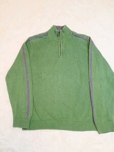 トミーヒルフィガー TOMMY HILFIGER ニット セーター ハーフジップ Sサイズ グリーン 緑 グレー 胸ロゴ 古着 良品 