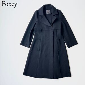 美品 FOXEY BOUTIQUE フォクシーブティック ロングコート ウールコート　ブラック アウター　長袖 ステンカラーコート 40 レディース