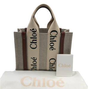 Chloe Woody ウッディ スモール トート ハンド バッグ 旧型 キャンバス レザー ホワイト ブラウン レディース 鞄 カバン クロエ