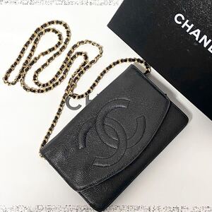 極美品 CHANEL シャネル チェーンウォレット 財布 長財布 ショルダーバッグ マトラッセ ココマーク ブラック ゴールド金具 レディース