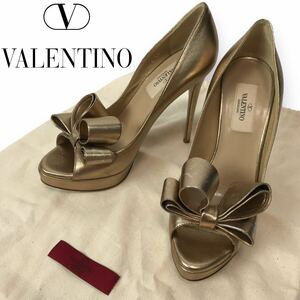 o267 VALENTINO ヴァレンティノ レザー パンプス オープントゥ ハイヒール ブロンズゴールド リボン 36.5 イタリア製 正規品 サンダル