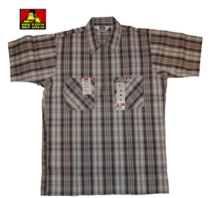 即決！BEN DAVIS ベンデイビス ハーフジップ ワークシャツ 半袖チェック USA製 KHAKI×GREY　M