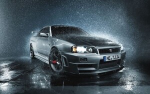 日産 スカイライン GT-R R34 カスタム チューニング 絵画風 壁紙ポスター 特大ワイド版921×576mm（はがせるシール式）008W1