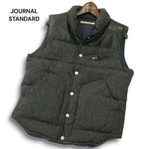 JOURNAL STANDARD ジャーナルスタンダード 秋冬 羊革 レザー切替★ ウール ツイード ダウン ベスト Sz.M　メンズ グレー　A4T12358_B#N