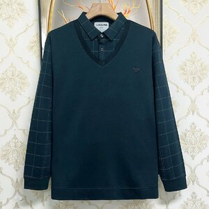 一枚限定EU製＆定価4万◆UABONI*Paris*ポロシャツ*フランス*パリ発◆100％カシミヤ ソフト 暖かい 長袖 チェック柄 プルオーバー 2XL/52