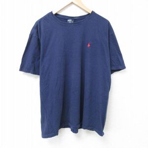 XL/古着 ラルフローレン Ralph Lauren 半袖 ブランド Tシャツ メンズ 90s ワンポイントロゴ 大きいサイズ コットン クルーネック 紺 ネイビ