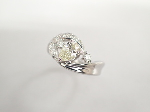 美品 Pt900 ペアシェイプカット イエローダイヤ0.523ct(VERY LIGHT YELLOW‐SI1) 他ダイヤ計0.37ct デザイン リング 指輪