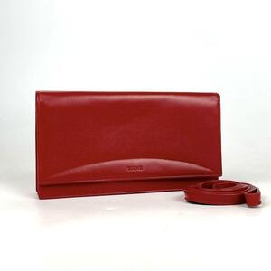 美品●LOEWE ロエベ ウォレット ショルダーバッグ 2way ロゴ型押し 斜め掛け ゴールド金具 財布 パーティーバッグ レザー 赤色 レッド