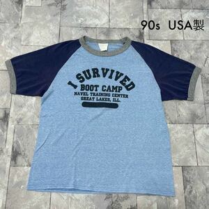 90s USA製 リンガーTシャツ T-shirt TEE 半袖 プリントロゴ SURVIVED BOOT CAMP US NAVY ミリタリー ブルー サイズL相当 玉SS1905