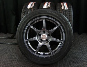 [中古リペアアルミ新品サマー4本] ENKEIレーシングRS+M軽量7J+35ガンメタDUNLOP205/55R16カローラスポーツGR86プリウスBRZインプレッサ美品