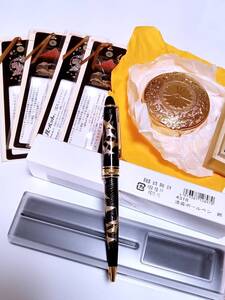 【豪華】金色の菊門朱肉ケース（24kgp）ルーペしおり・鶴のボールペン　6点セット　新品　蒔絵　山中塗