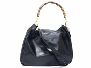 1円 ■美品■ GUCCI グッチ 001 3754 1577 バンブー レザー 2WAY ハンドバッグ ショルダーバッグ 肩掛け レディース ブラック系 AX7533