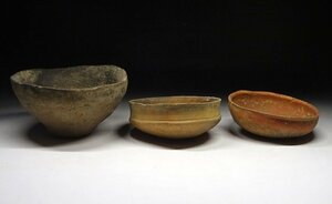 緑屋f■ 時代物　弥生土器 縄文土器　平鉢　3点　共和村出土品 発掘　i9/4-6597/7-2#80