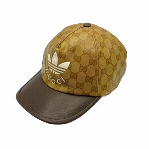 【良品】グッチ × アディダス GUCCI adidas コラボ 696475 GGクリスタルキャンバス ベースボールキャップ ブラウン 帽子