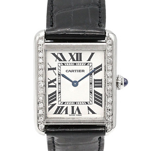 カルティエ Cartier タンクソロ SM ダイヤベゼル シルバー文字盤 SS レディース腕時計 クォーツ 24mm アフターダイヤ ベルト社外製