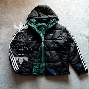 新品 正規品 adidas originals アディダス オリジナルス トレフォイル 中綿 リバーシブル ジャケット 黒 ブラック 白 緑 三つ葉 刺繍 L