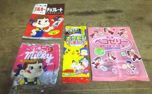 ▲て-762 中古 空袋 4点 1999年～2001年頃 不二家 ミルキーチョコ いちごミルキーパン ペコゼリー ポケモン お茶づけ 最大縦21横16cm　