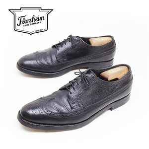 70s　29cm相当　FLORSHEIM　フローシャイム　ロングウィングチップ　革靴　レザーシューズ　小窓　フルブローグ　ブラック　穴飾り　/U8849