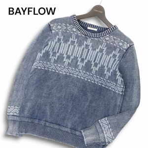 BAYFLOW ベイフロー 通年 ネイティブ チマヨ柄★ ウォッシュ加工 インディゴ コットン ニット セーター Sz.2　メンズ　C4T08547_9#L