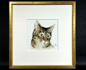 大西洋介　猫の絵　約15cm×15cm　直筆サイン　額装