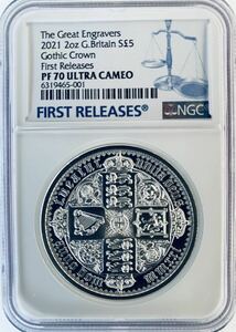 2021年 イギリス ニュー ゴチッククラウン・リバースシールド 2oz銀貨 NGC PF70 ウルトラカメオ First Releases！！